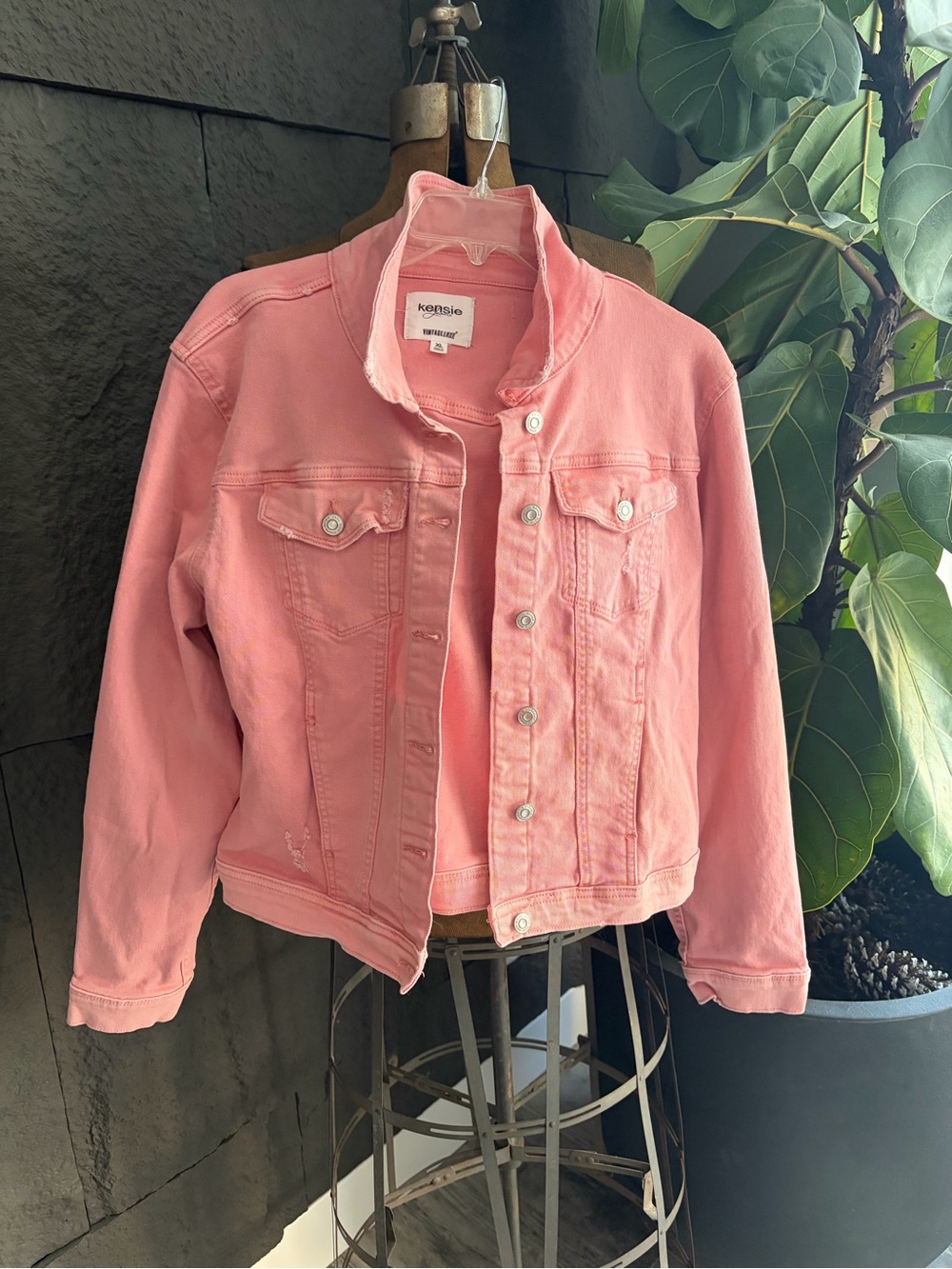 kensie Coral Pink Denim Trucker Jacket